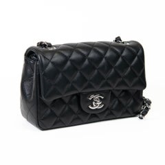 Chanel Black Lambskin Quilted Mini Rectangular Flap Silver Hardware