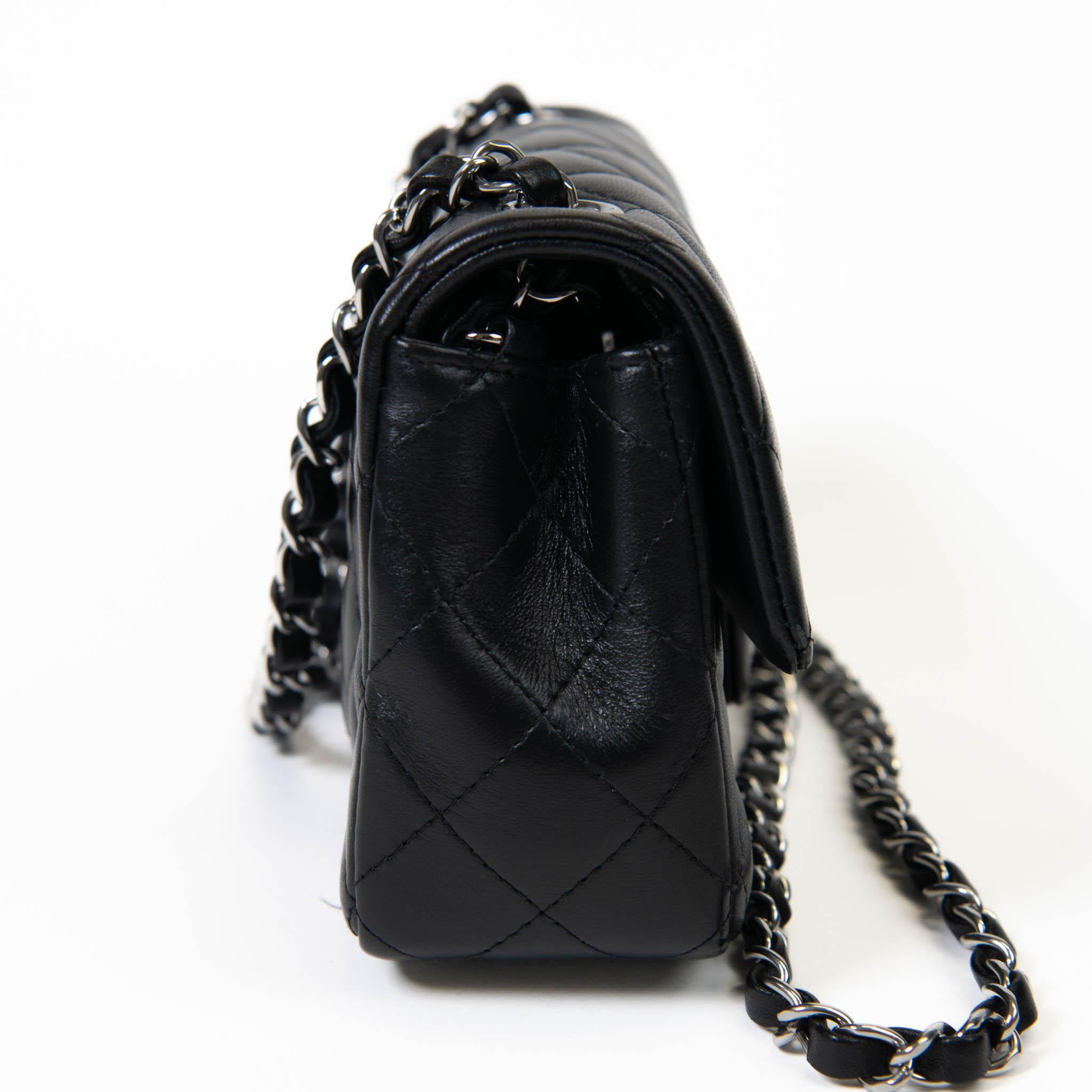 Women's or Men's Chanel Black Lambskin Quilted Mini Rectangular Flap Silver Hardware