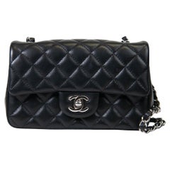 Chanel Black Lambskin Quilted Mini Rectangular Flap Silver Hardware