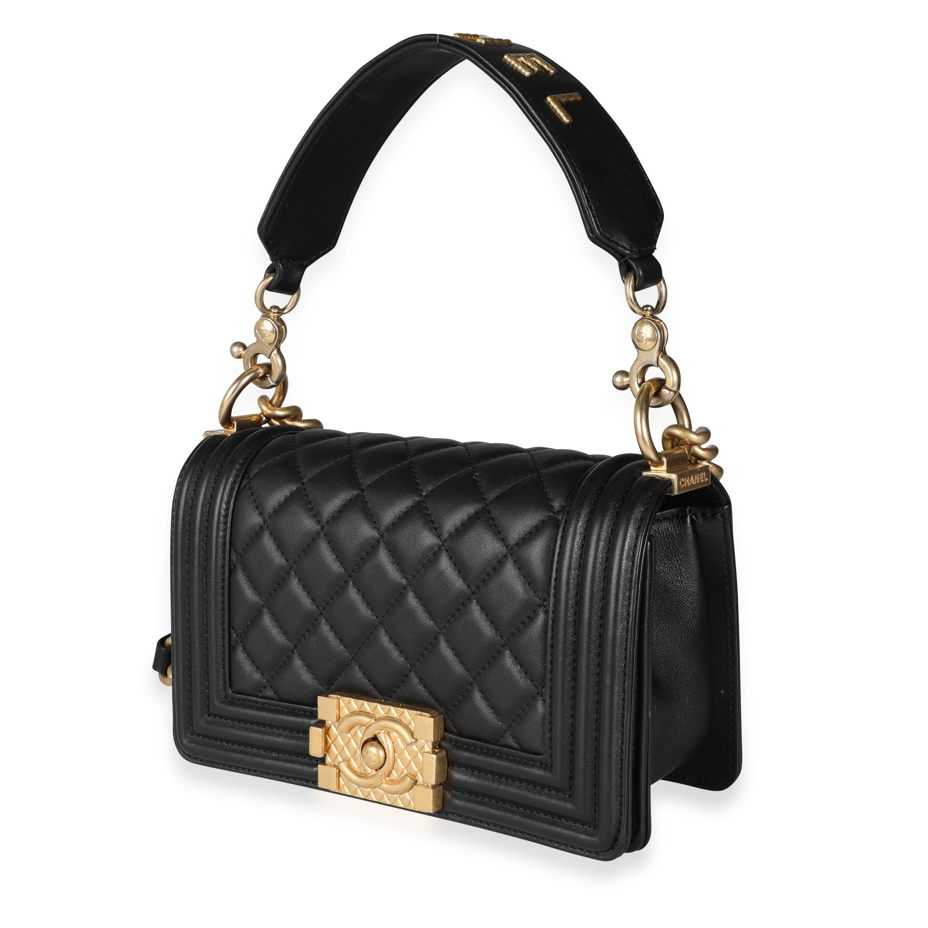 Chanel Black Lambskin Quilted Signature Handle Small Boy Bag In Excellent Condition In New York, NY