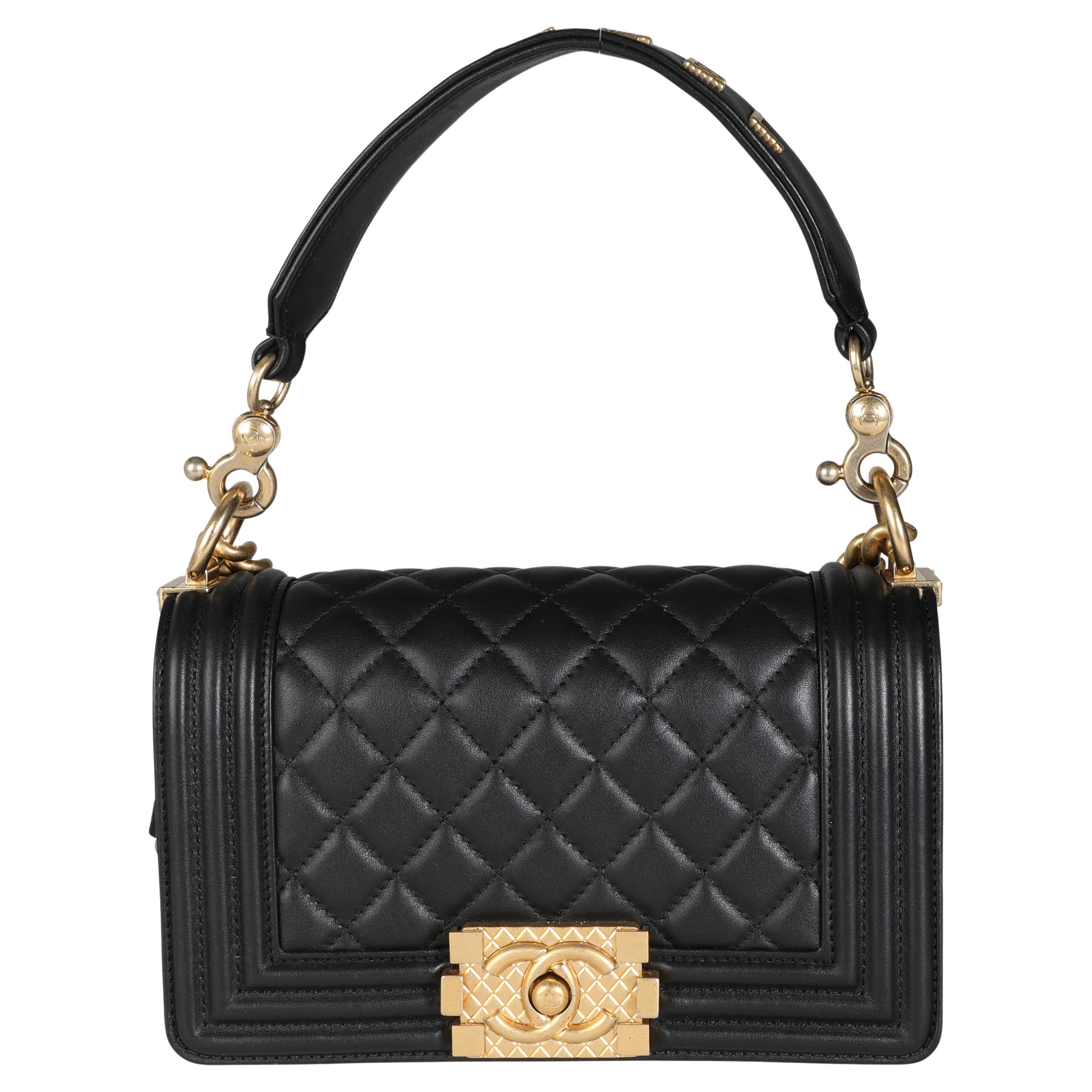 Chanel Black Lambskin Quilted Signature Handle Small Boy Bag