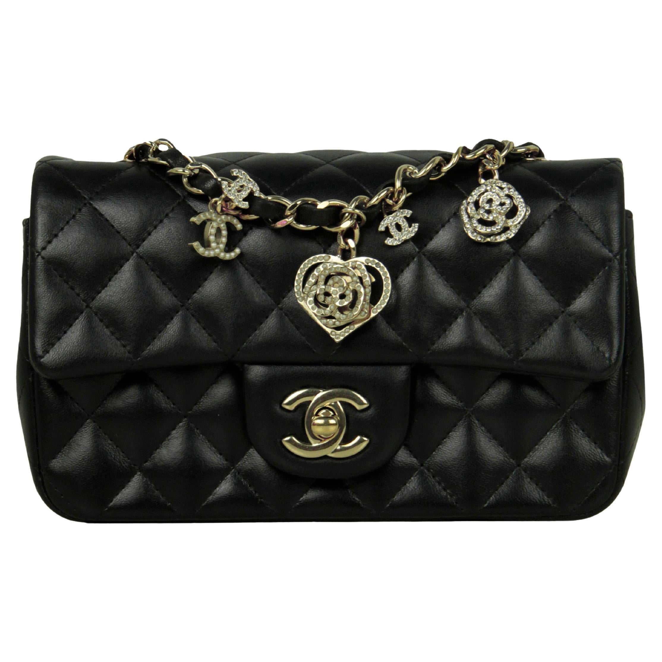 Chanel Black Lambskin Quilted Valentine Charms Mini Rectangular Flap Bag