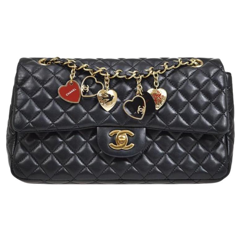 CHANEL Black Lambskin Quilted Valentine Gold Charms Classic Evening Shoulder Bag