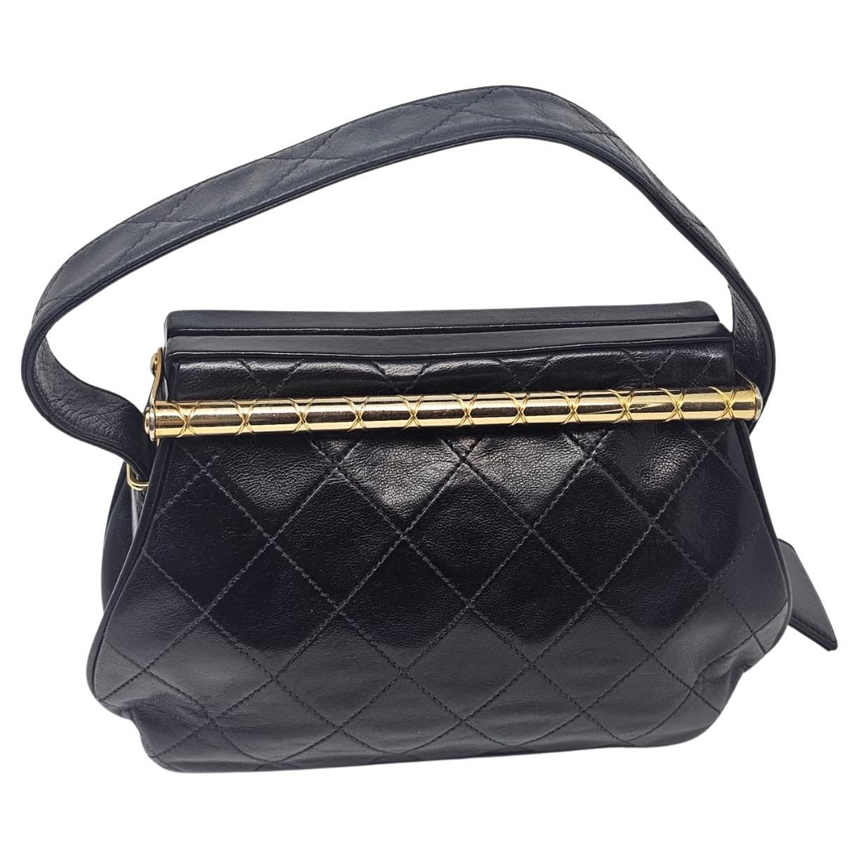 Chanel Black Lambskin Quilted Vintage Top Handle Frame Bag