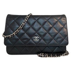 CHANEL Black Lambskin Quilted Wallet on Chain