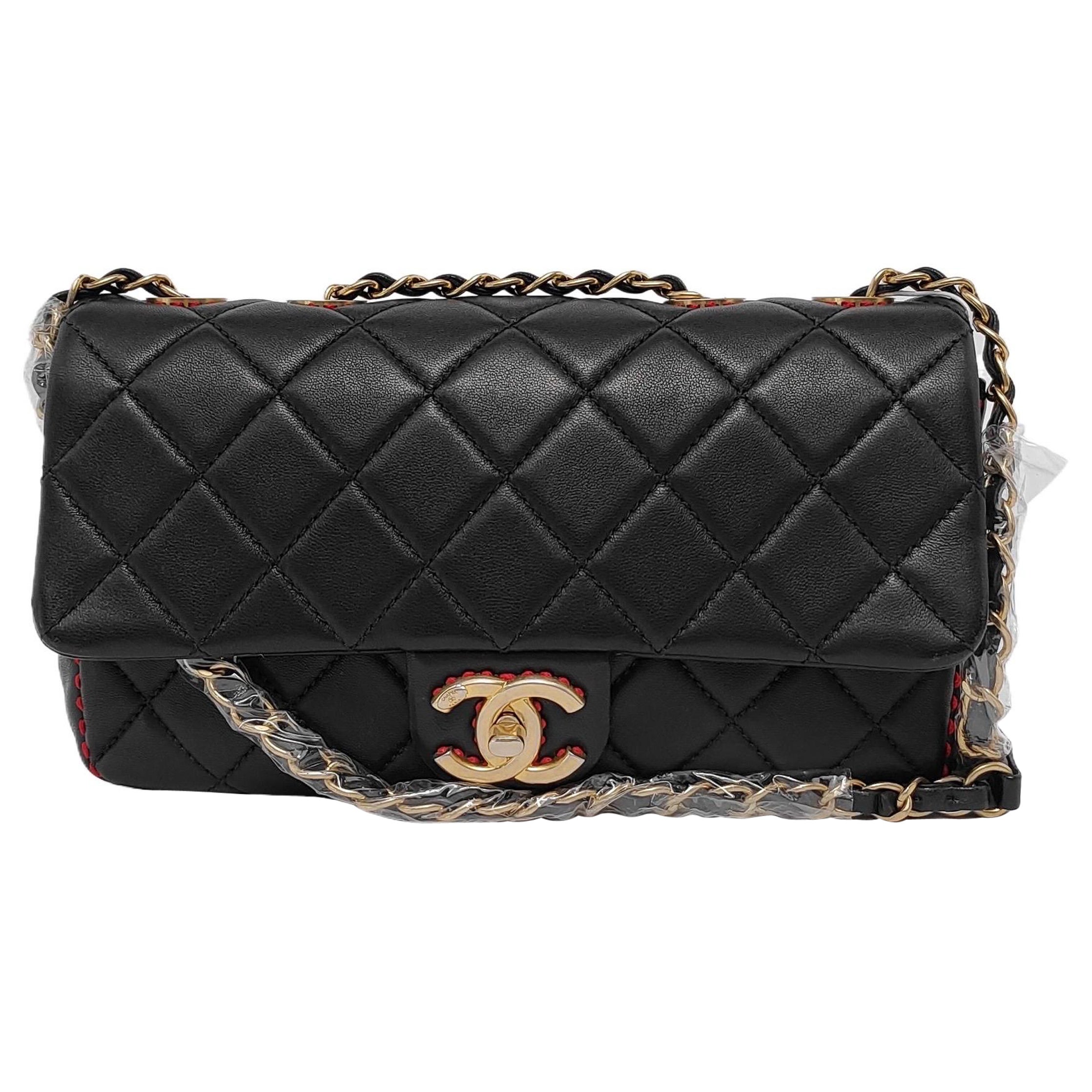 Chanel Black Lambskin Red Stitching Single Flap Double Chain Bag 2017