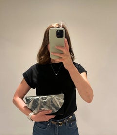 Chanel Black Lambskin & Silver Metallic Calfskin Leather Wave Half Circle Clutch