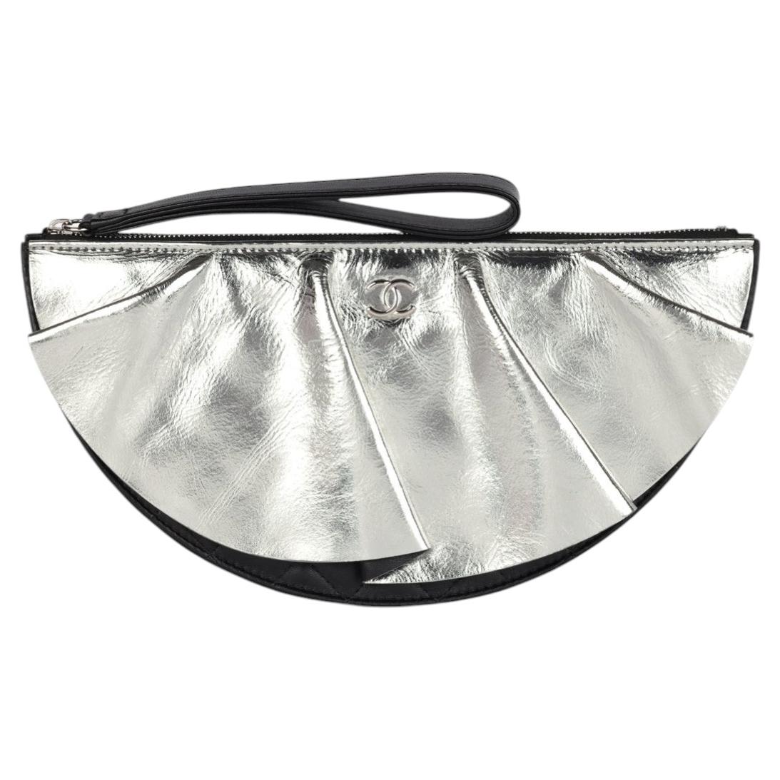Chanel Black Lambskin & Silver Metallic Calfskin Leather Wave Half Circle Clutch