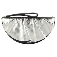 Chanel Black Lambskin & Silver Metallic Calfskin Leather Wave Half Circle Clutch