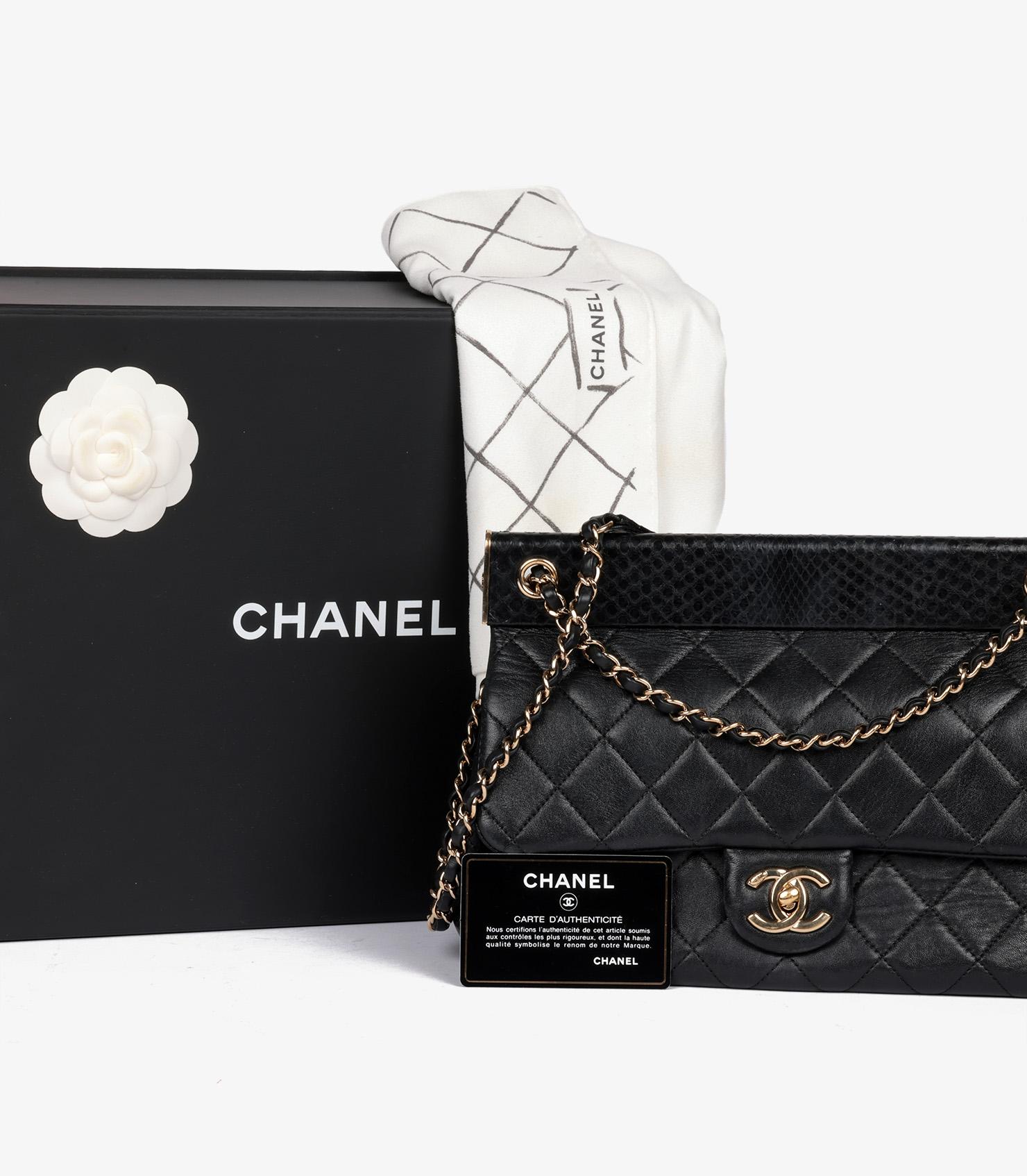 Chanel Black Lambskin & Snakeskin Leather Frame Medium Classic Single Flap Bag For Sale 7