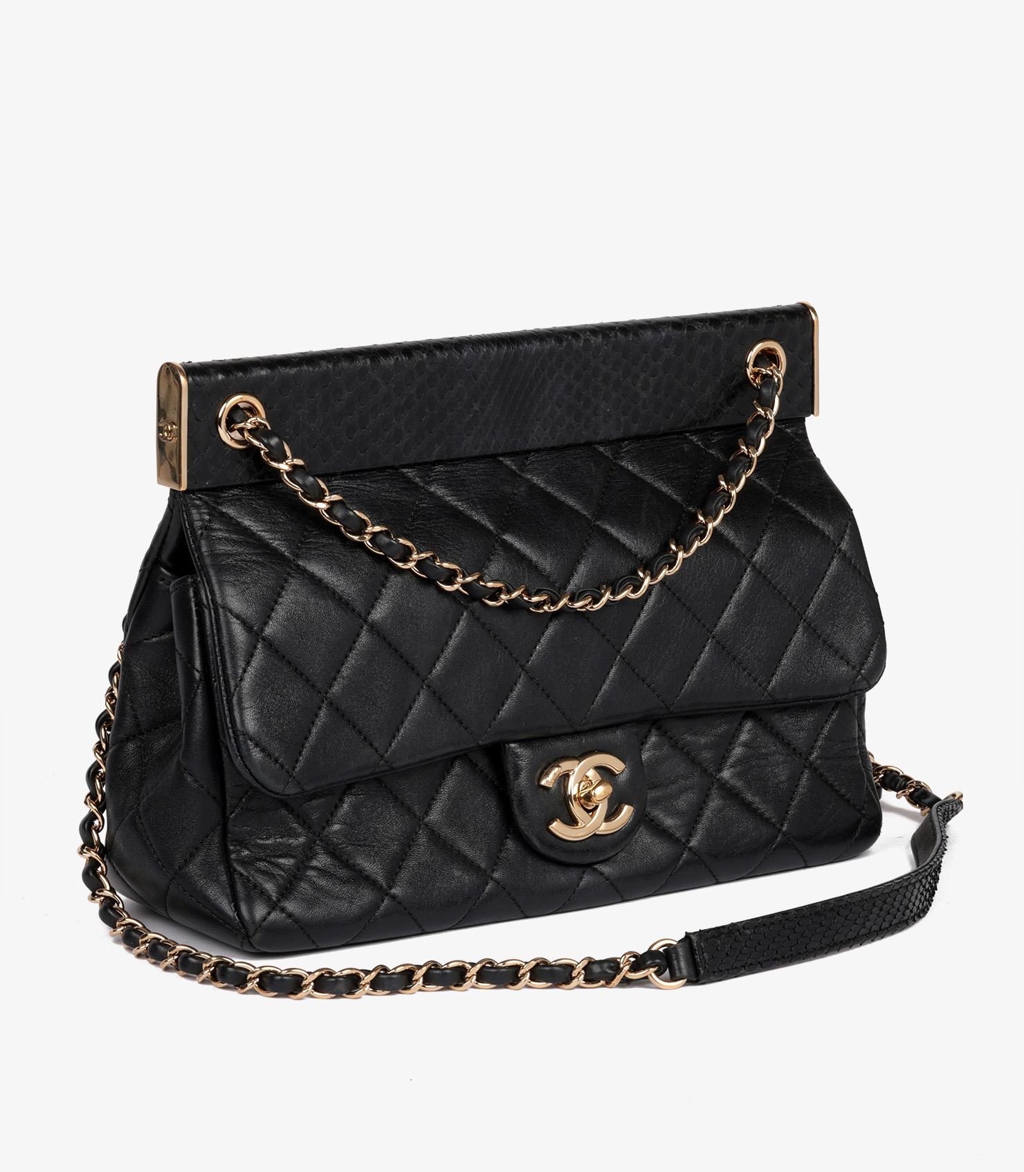 Chanel Black Lambskin & Snakeskin Leather Frame Medium Classic Single Flap Bag In Excellent Condition For Sale In Bishop's Stortford, Hertfordshire