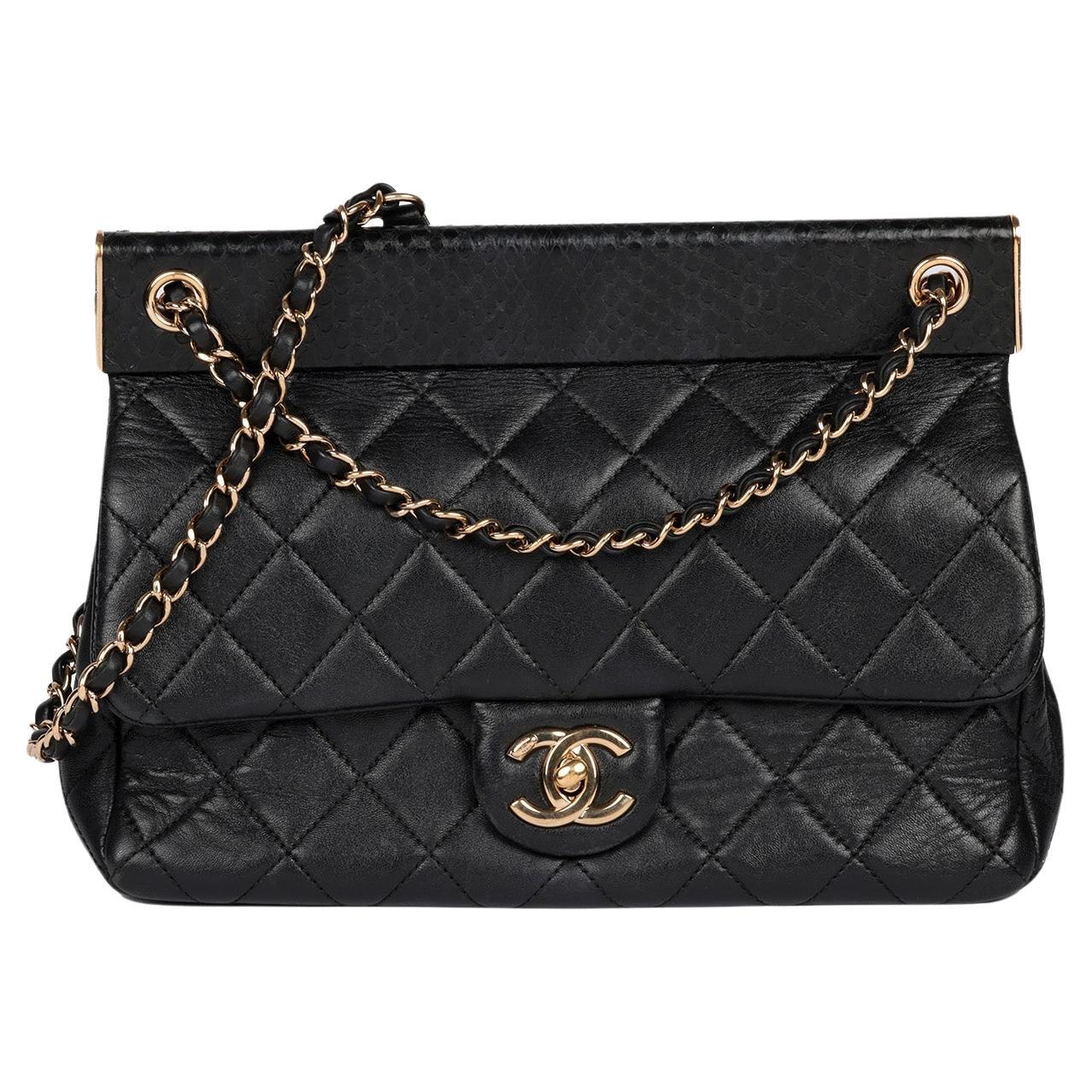 Chanel Black Lambskin & Snakeskin Leather Frame Medium Classic Single Flap Bag For Sale