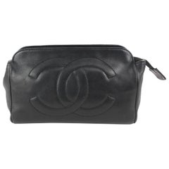 Chanel Black Lambskin Timeless CC Logo Cosmetic Pouch Make Up Toiletry 108c17