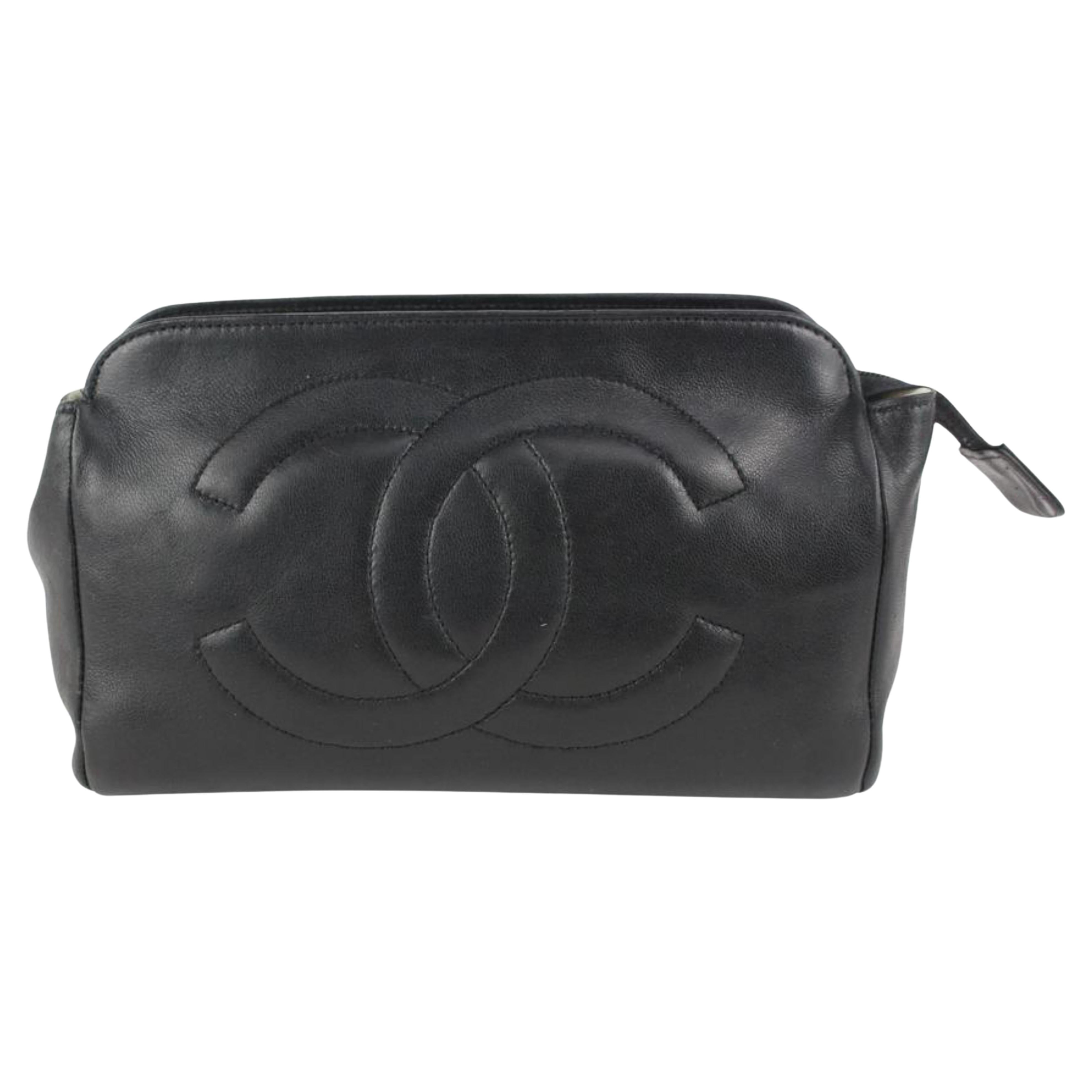 Chanel Black Lambskin Timeless CC Logo Cosmetic Pouch Make Up Toiletry 108c17