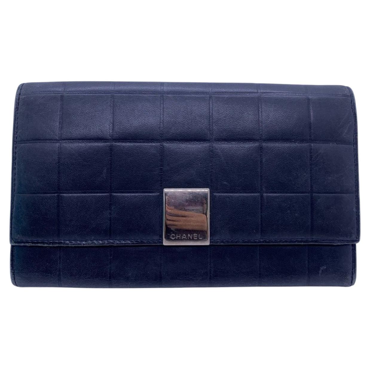Chanel Black Lambskin Trifold Long Wallet Chocolate Bar Silver Hardwar