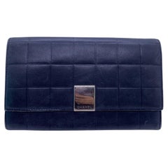 Chanel Black Lambskin Trifold Long Wallet Chocolate Bar Silver Hardwar