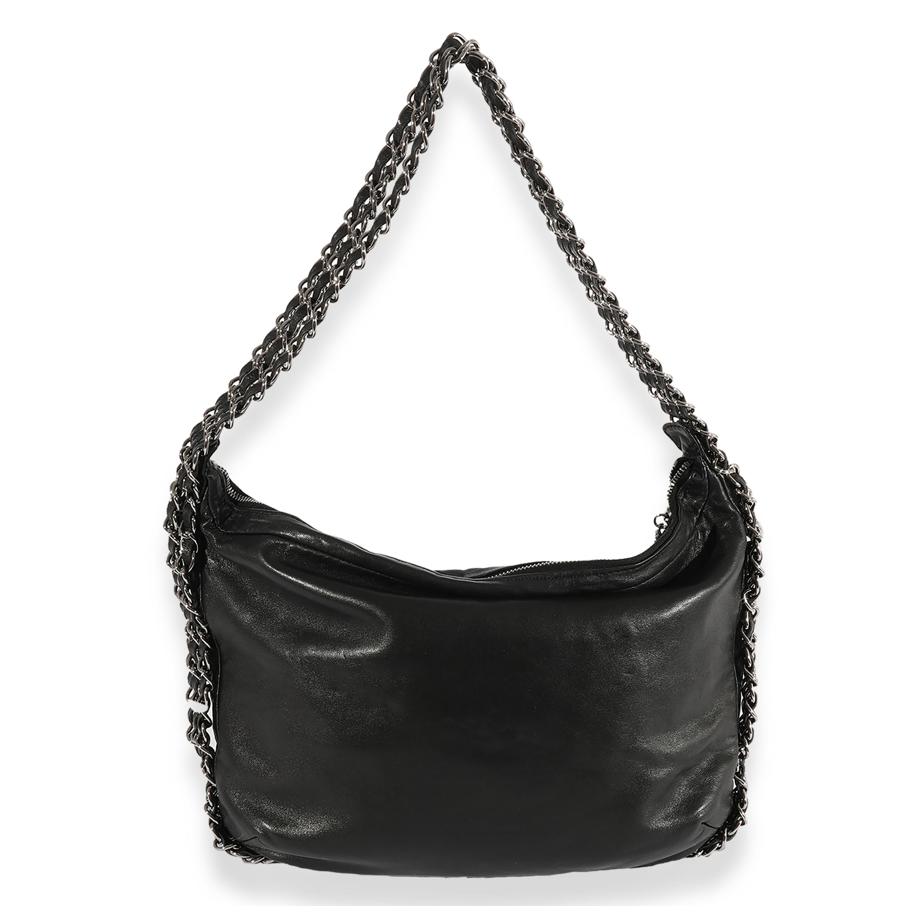 Listing Title: Chanel Black Lambskin Triple Chain Hobo
SKU: 123535
Condition: Pre-owned 
Handbag Condition: Very Good
Condition Comments: Very Good Condition. Faint scuffing throughout leather. Scratching to hardware.
Brand: Chanel
Model: Triple