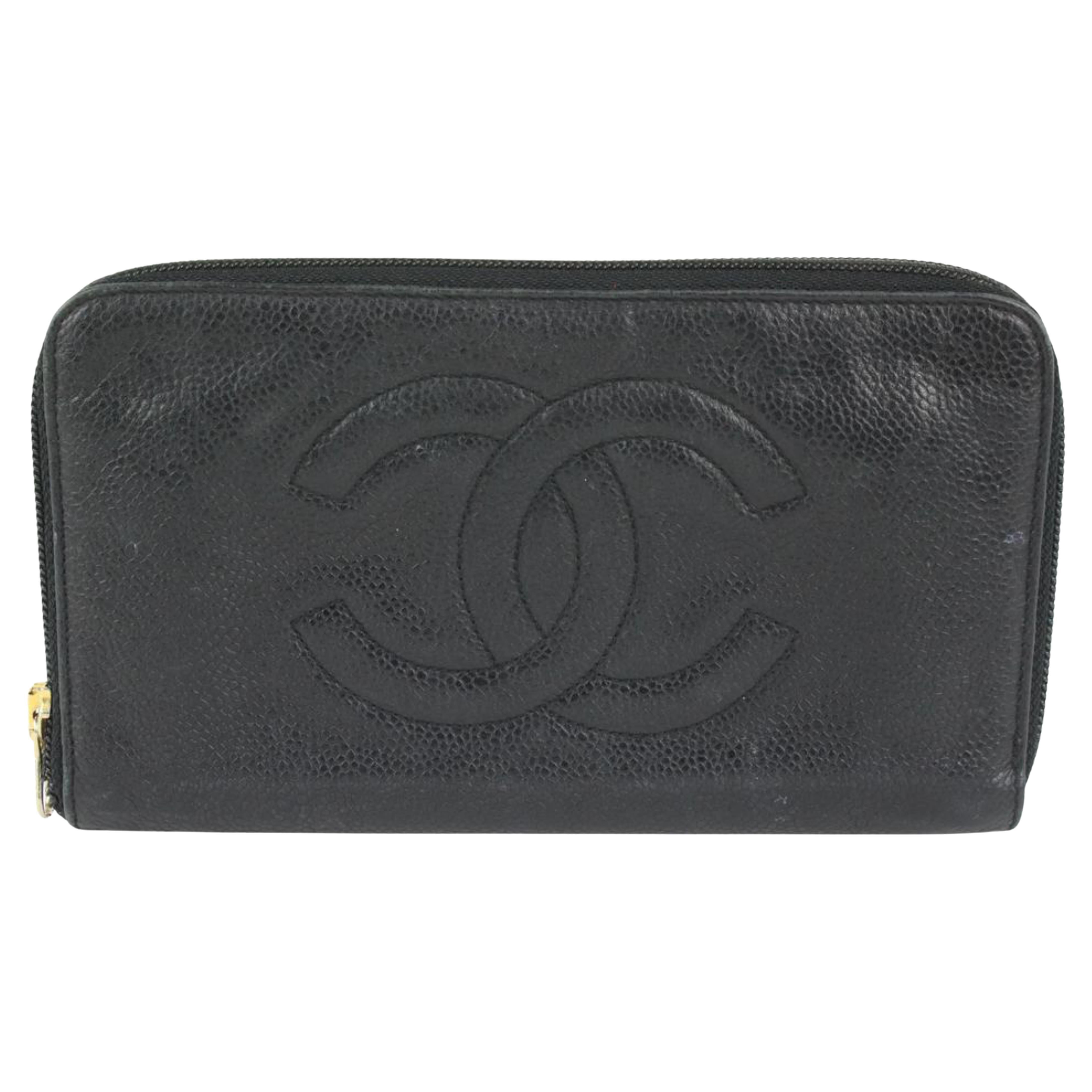 Chanel Black lCaviar CC Logo L-Gusset Zip Around Wallet Long Zippy 2CK1024a