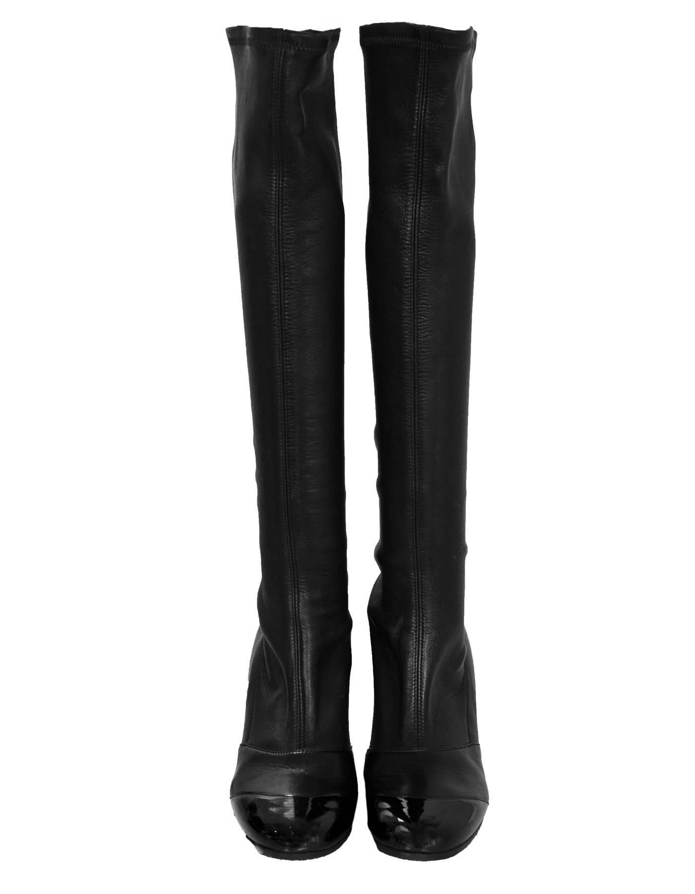 Chanel Black Leather & Patent Cap-Toe Boots Sz 38 1