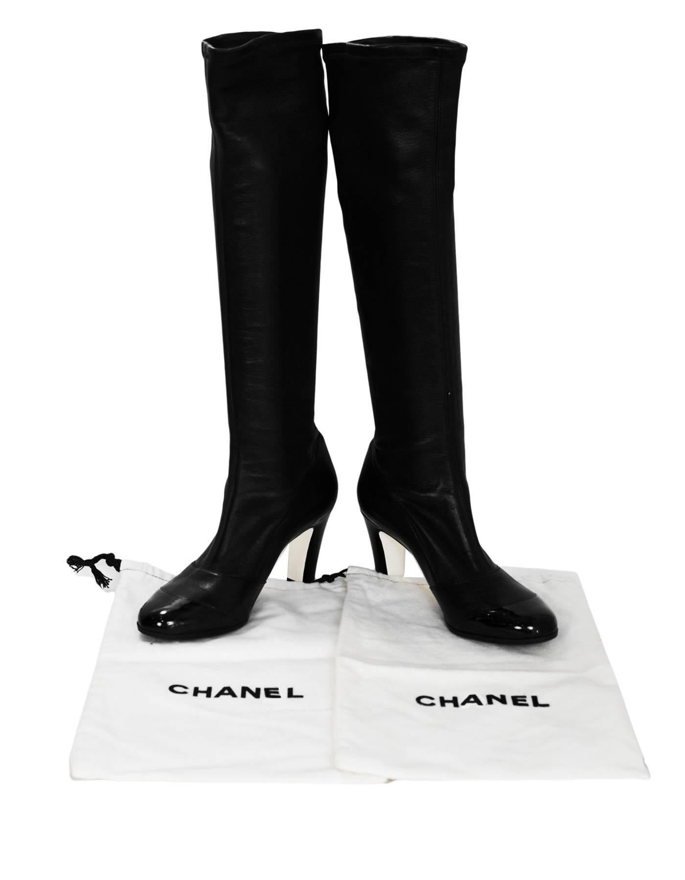 Chanel Black Leather & Patent Cap-Toe Boots Sz 38 2