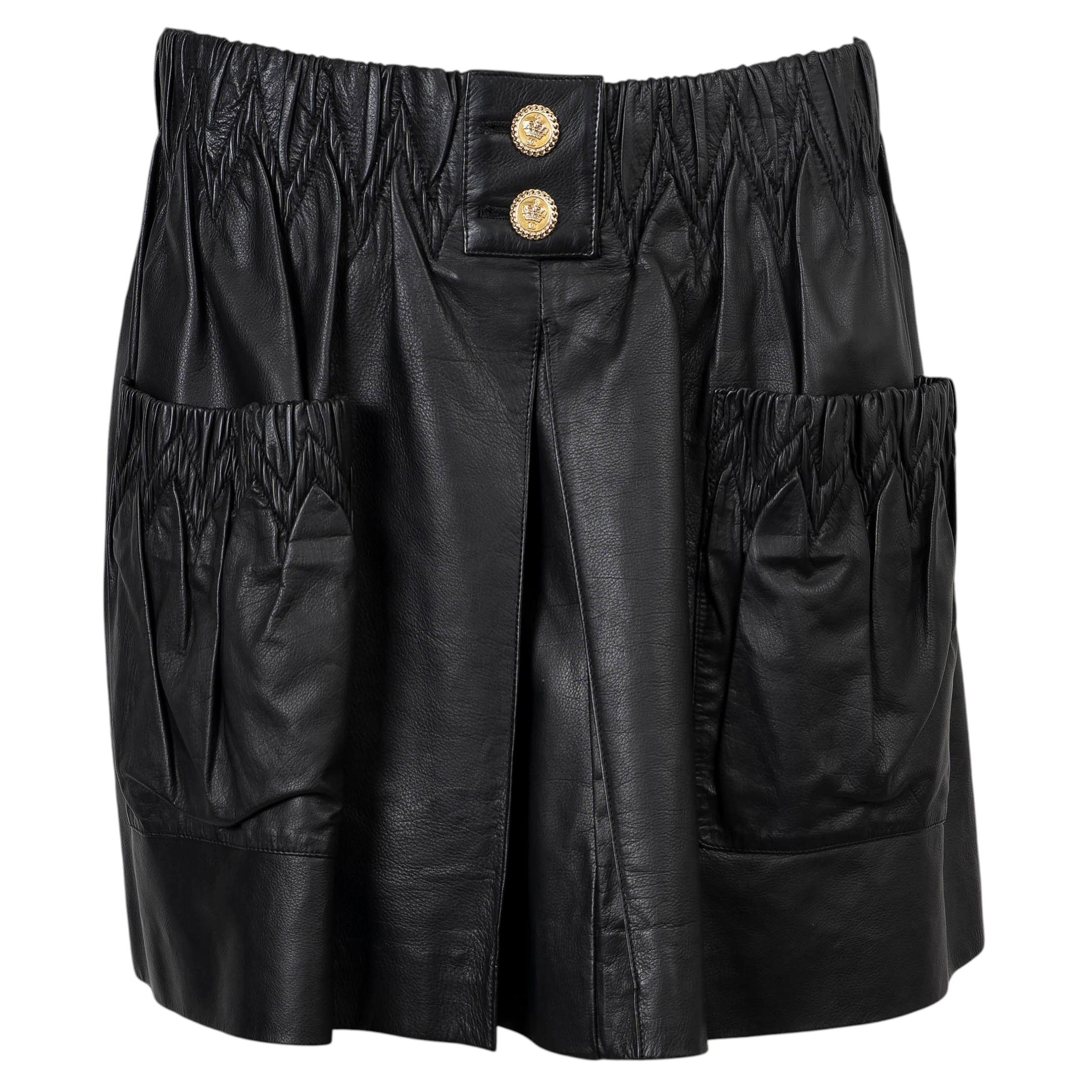 CHANEL cuir noir 11P PATCH POCKETS MINI Jupe 38 S