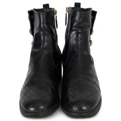 CHANEL black leather 17A COSMOPOLITE PEARL BUTTON Ankle Boots Shoes 38