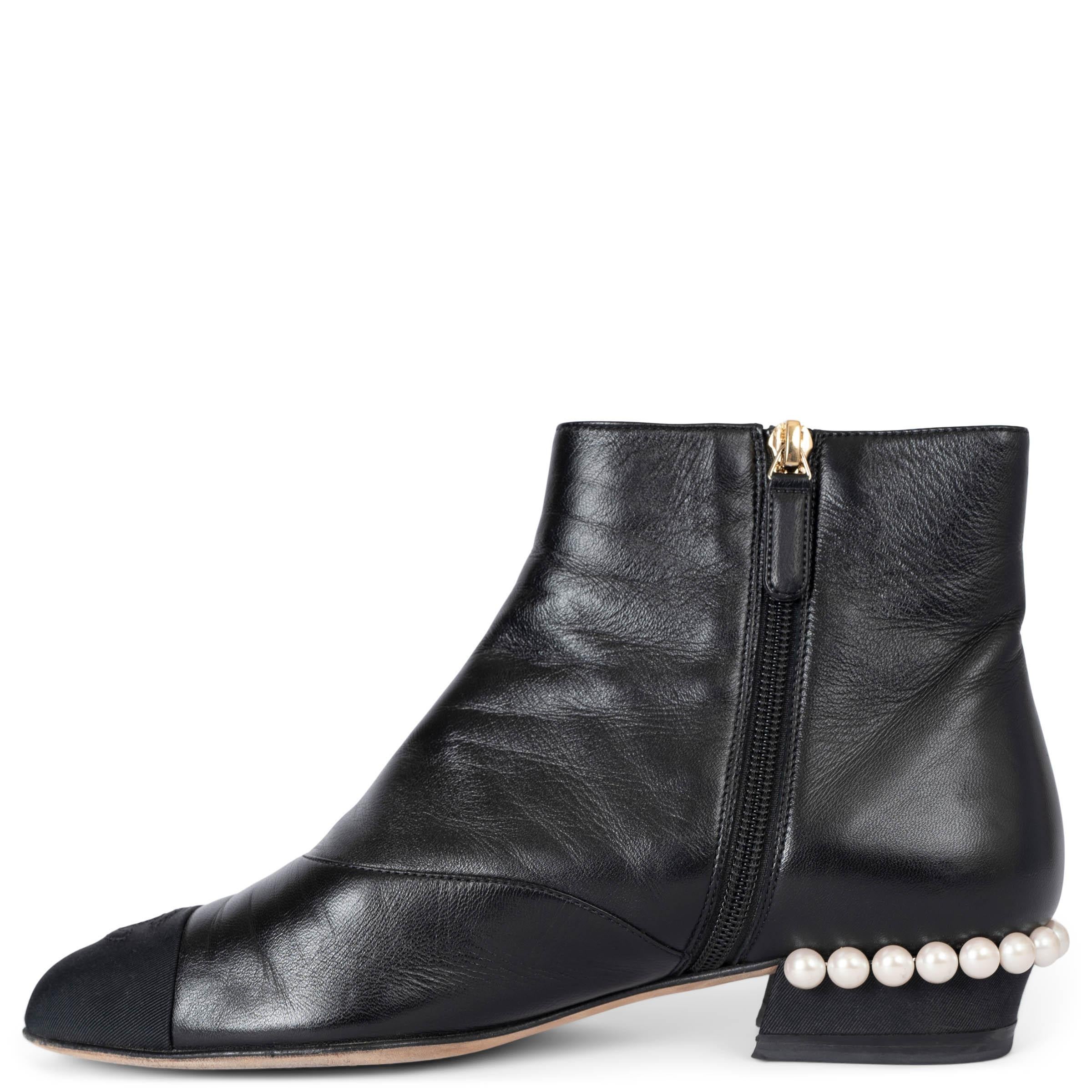Black CHANEL black leather 18C GREECE PEARL HEEL Ankle Boots Shoes 38