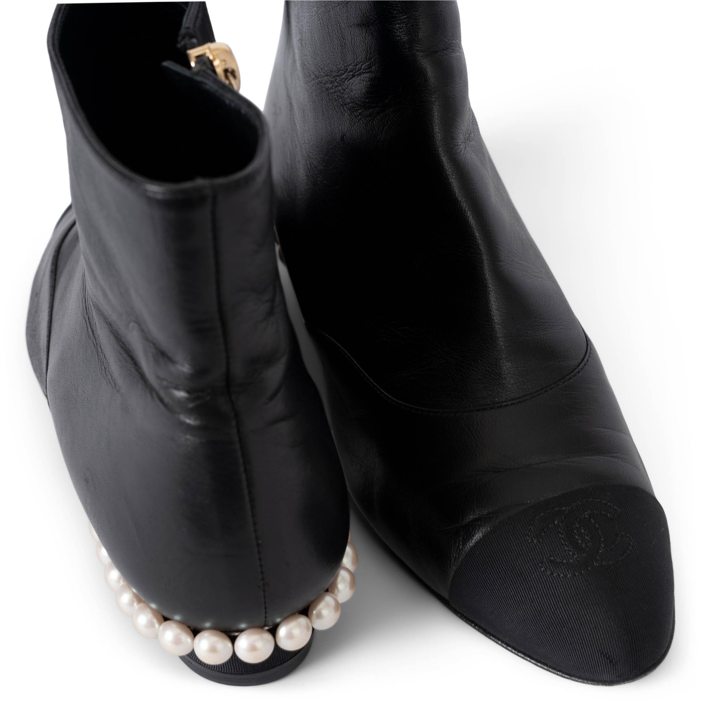 CHANEL black leather 18C GREECE PEARL HEEL Ankle Boots Shoes 38 2