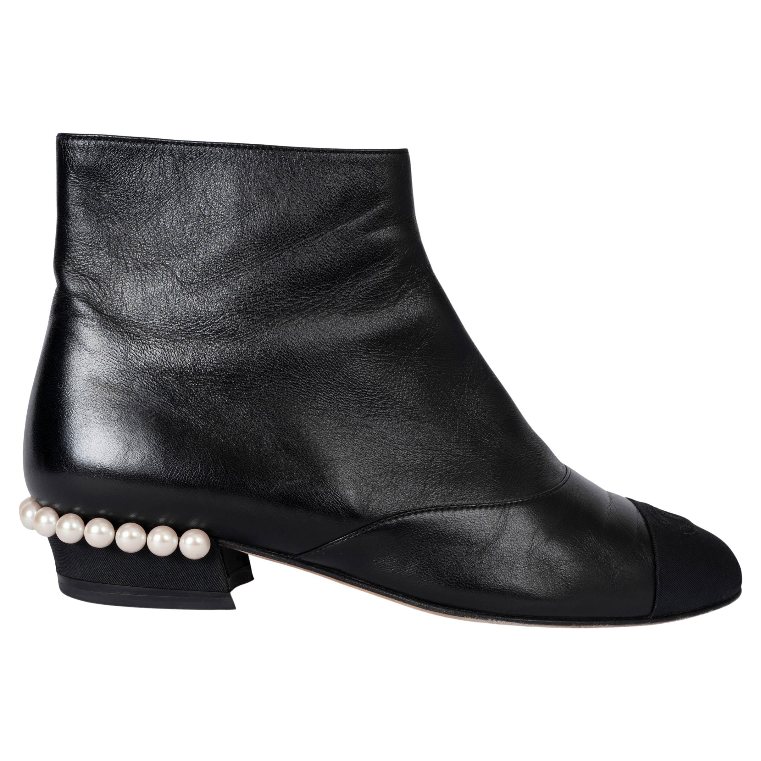 CHANEL black leather 18C GREECE PEARL HEEL Ankle Boots Shoes 38