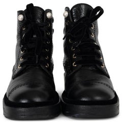 CHANEL black leather 19B PEARL EMBELLISHED SHINY COMBAT Boots Shoes 37.5