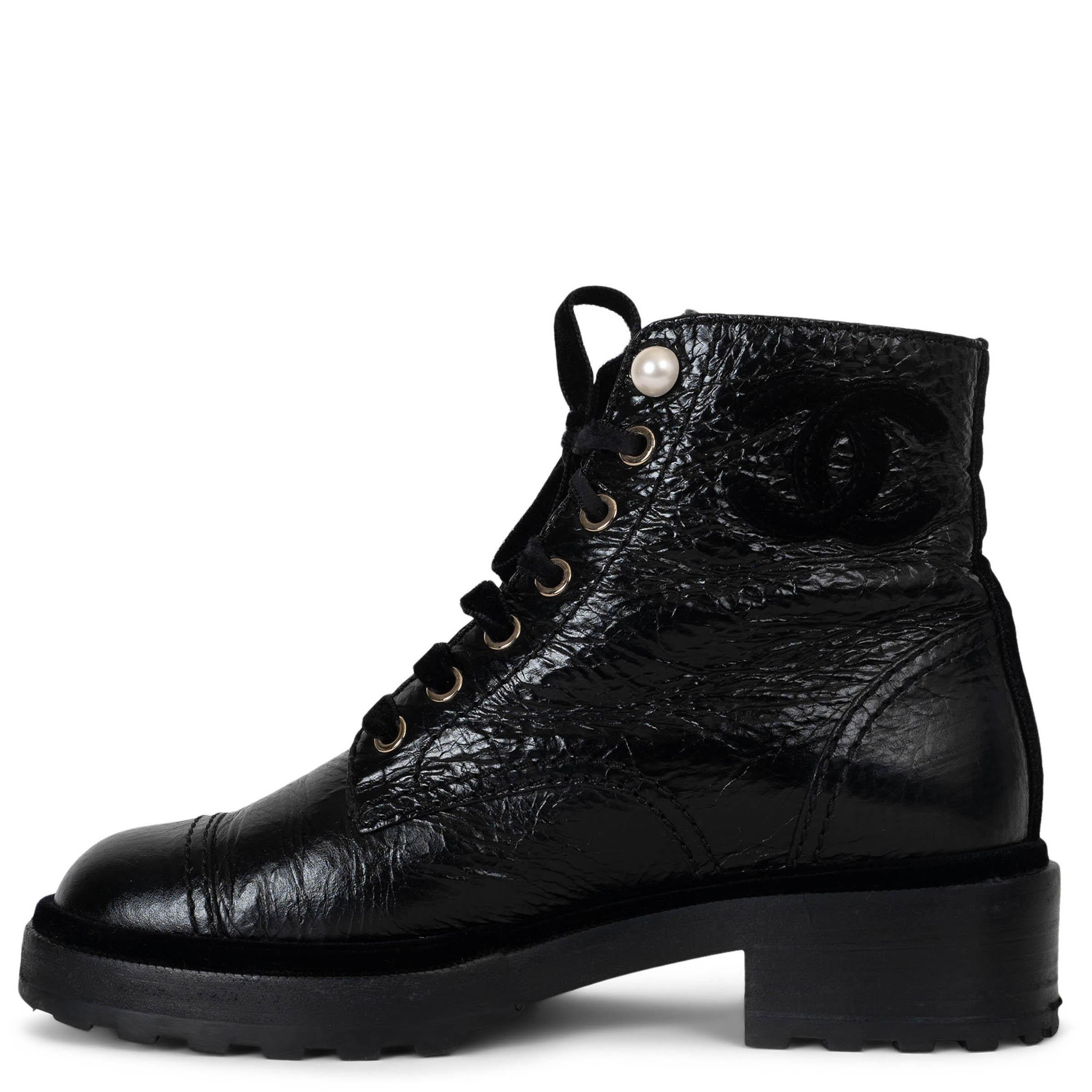 Black CHANEL black leather 19B PEARL EMBELLISHED SHINY COMBAT Boots Shoes 37.5 For Sale