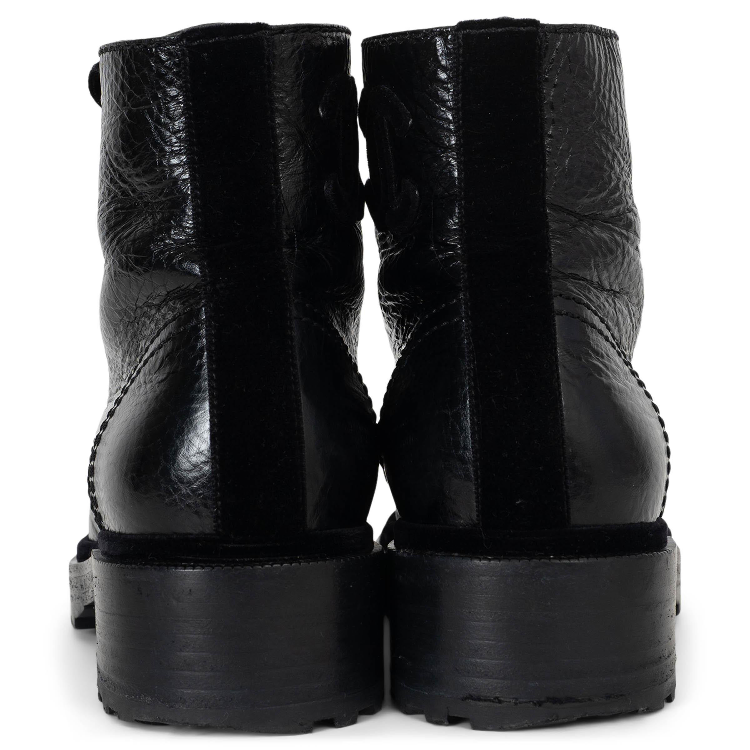 Women's CHANEL black leather 19B PEARL EMBELLISHED SHINY COMBAT Boots Shoes 37.5 For Sale