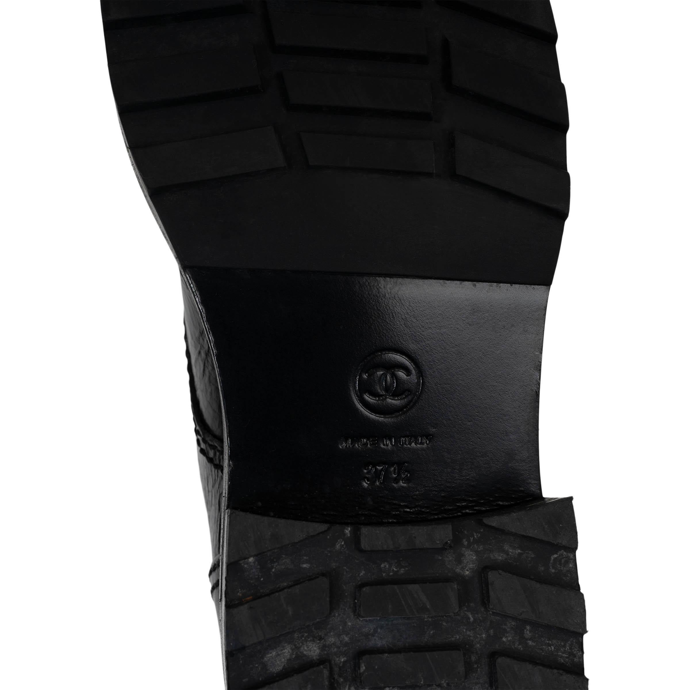 CHANEL black leather 19B PEARL EMBELLISHED SHINY COMBAT Boots Shoes 37.5 For Sale 5