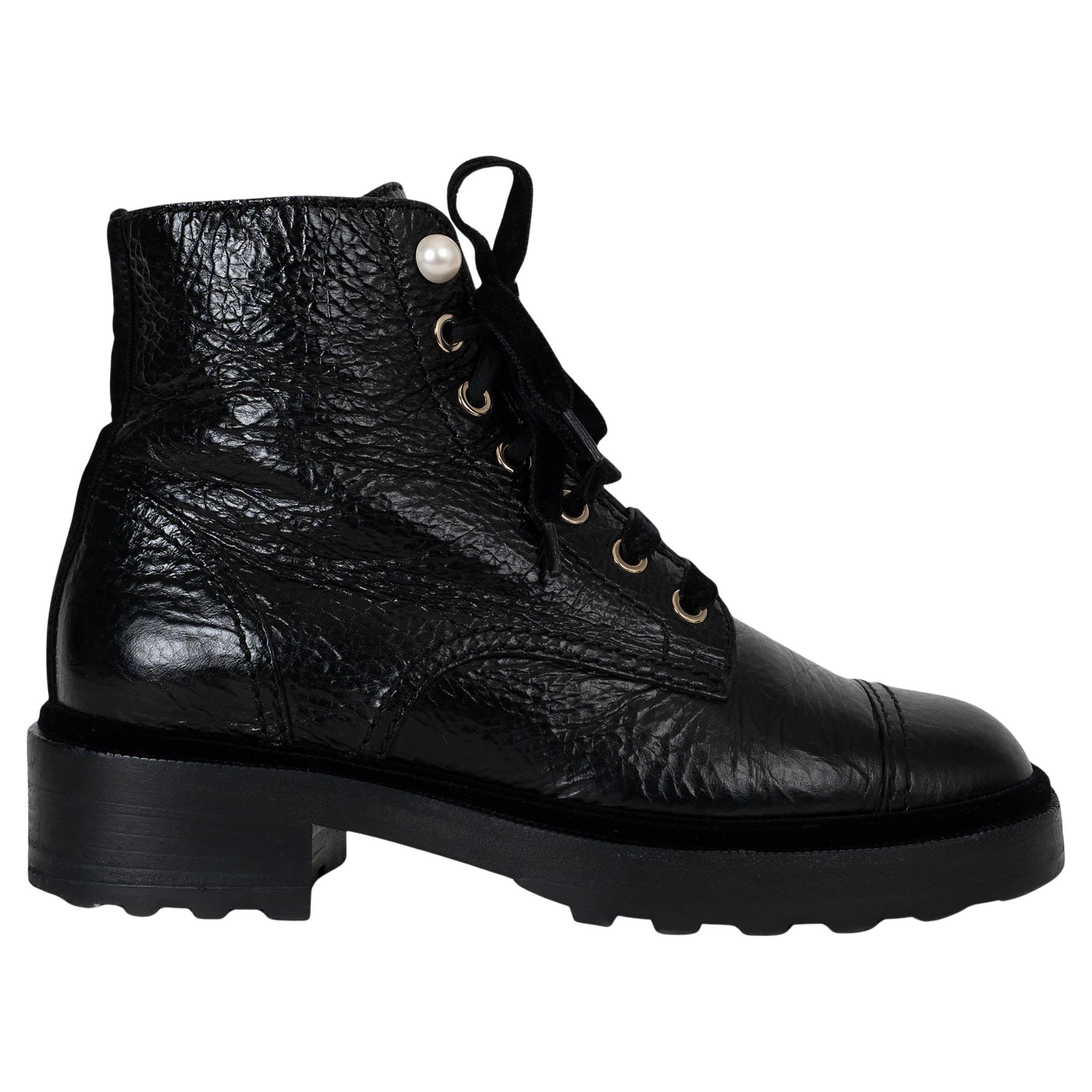 CHANEL black leather 19B PEARL EMBELLISHED SHINY COMBAT Boots Shoes 37.5 For Sale