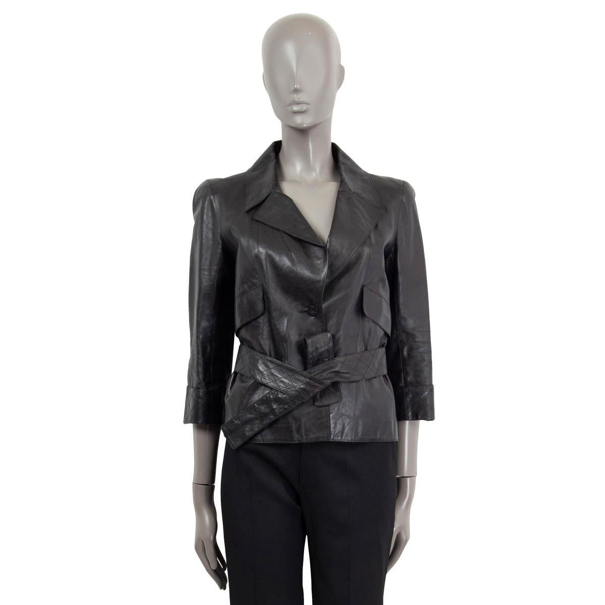 CHANEL black leather 2006 06P BELTED CROPPED Jacket 38 S For Sale