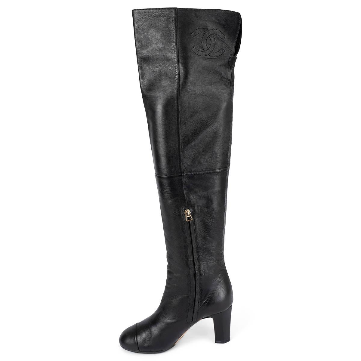 Black CHANEL black leather 2011 11K CC OVER KNEE Boots Shoes 36.5 For Sale