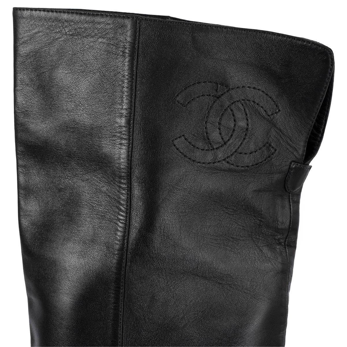 CHANEL black leather 2011 11K CC OVER KNEE Boots Shoes 36.5 For Sale 2