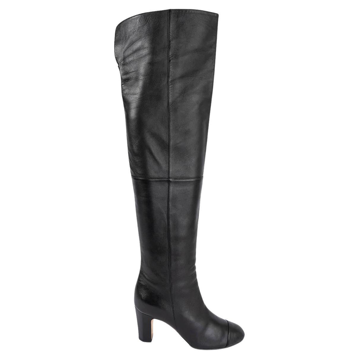CHANEL black leather 2011 11K CC OVER KNEE Boots Shoes 36.5 For Sale