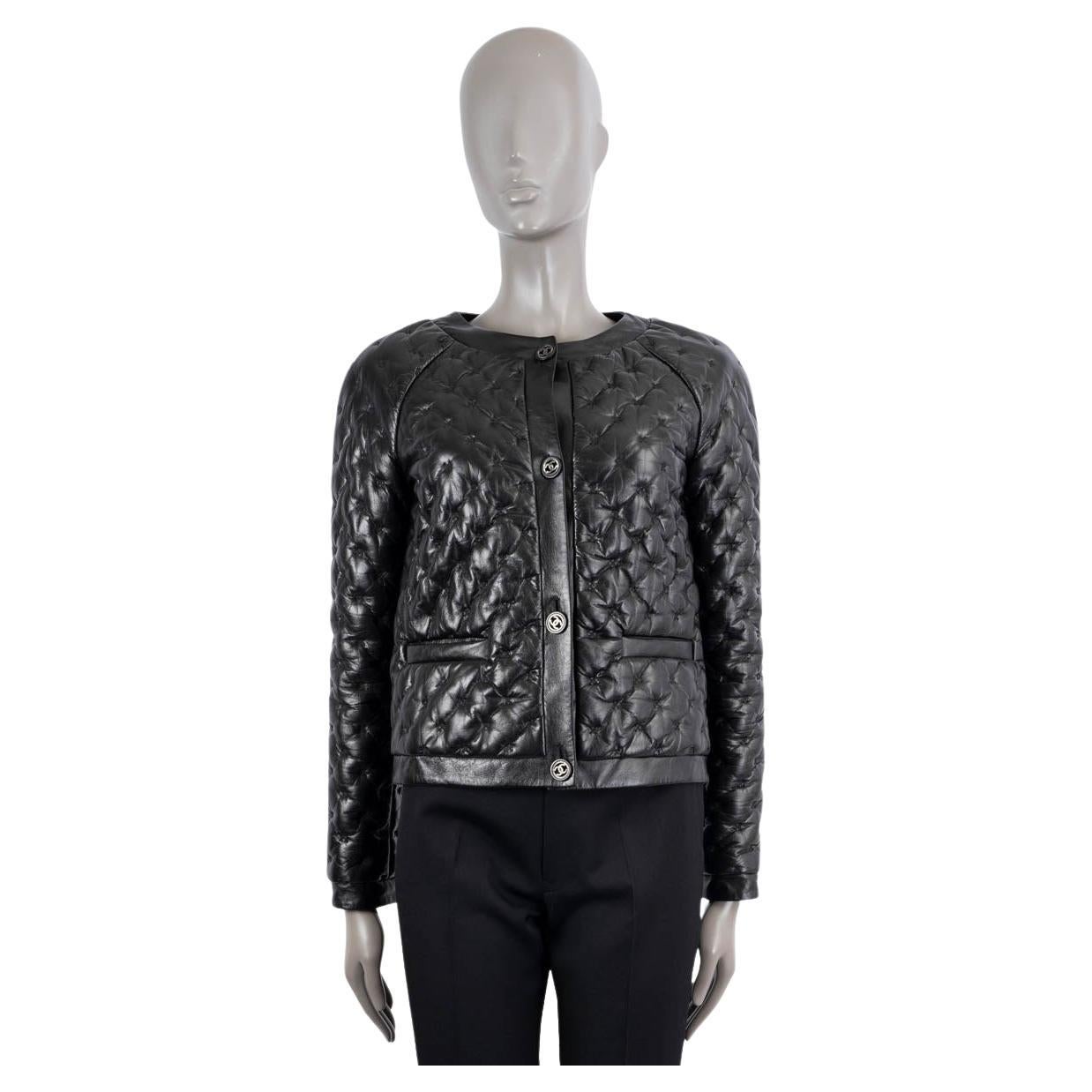 CHANEL black leather 2013 13K QUILTED PUFFER Jacket 36 XS For Sale