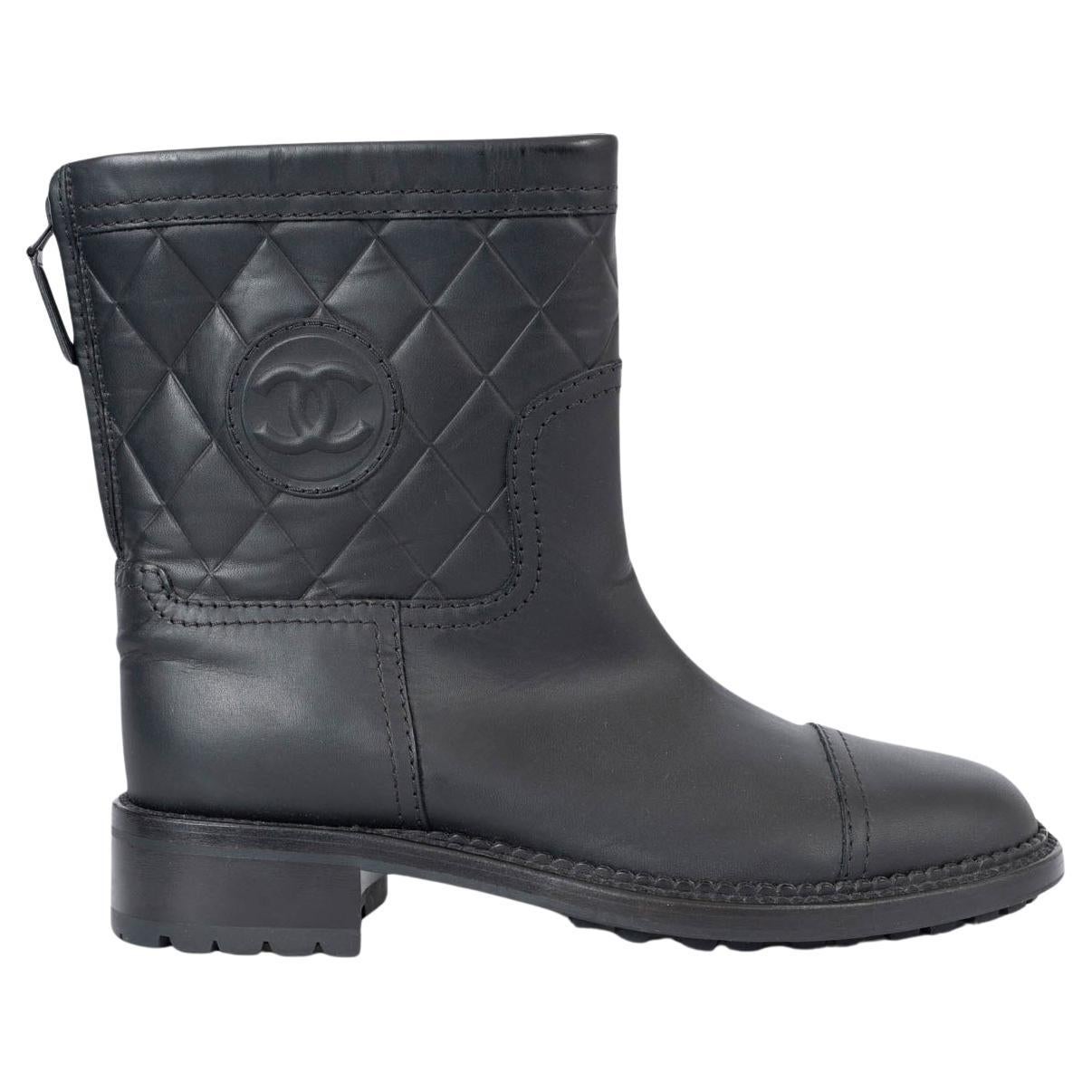 CHANEL black leather 2014 14K BIKER Boots Shoes 37 For Sale