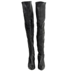 CHANEL black leather 2014 DALLAS THIGH HIGH Pointed Toe Boots Shoes 38.5 14A