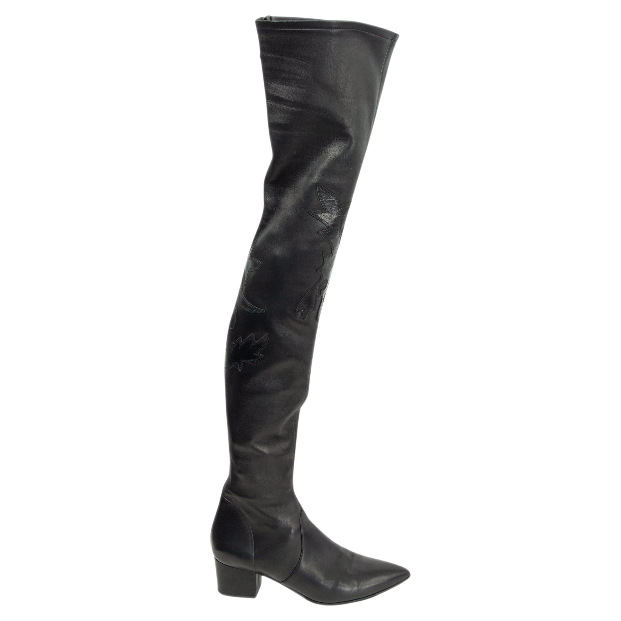 CHANEL black leather 2014 DALLAS THIGH HIGH Pointed Toe Boots Shoes 38.5 14A
