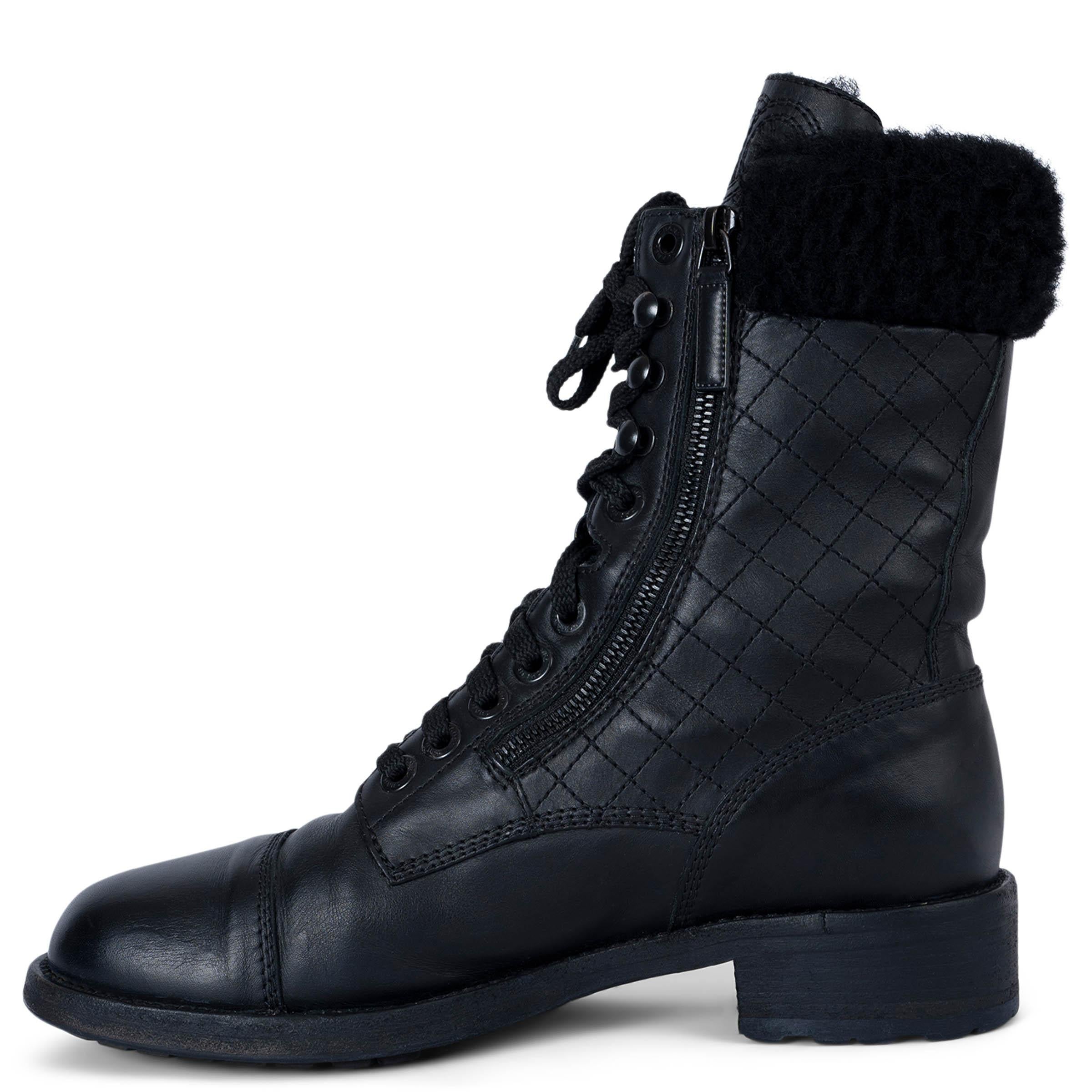 Black CHANEL black leather 2015 15C DUBAI SHEARLING BIKER Boots Shoes 40 fit 39.5