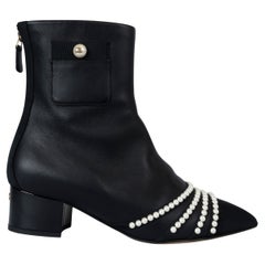 CHANEL black leather 2016 16A ROME PEARL POCKET Ankle Boots Shoes 39 fit 38.5
