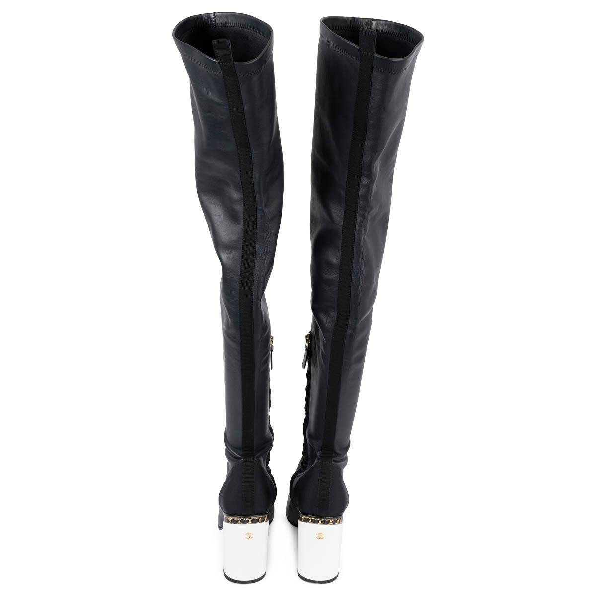 Women's CHANEL black leather 2016 16B CHAIN BLOCK HEEL OVER KNEE Boots Shoes 39
