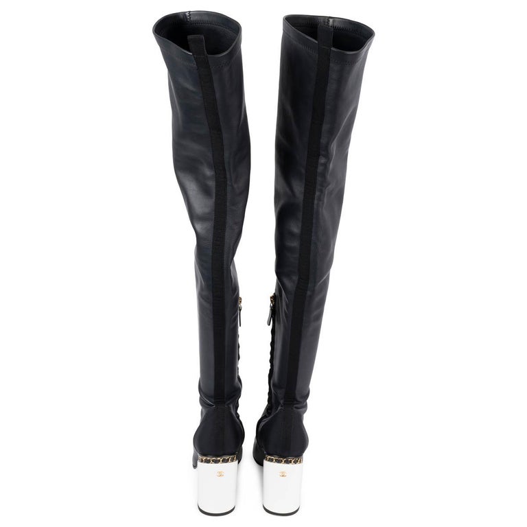 Chanel 2016 Chain Trim Block Heel Over-Knee Boots 39 Black Leather White 16B
