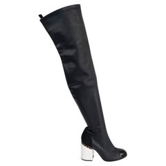 CHANEL black leather 2016 16B CHAIN BLOCK HEEL OVER KNEE Boots Shoes 39