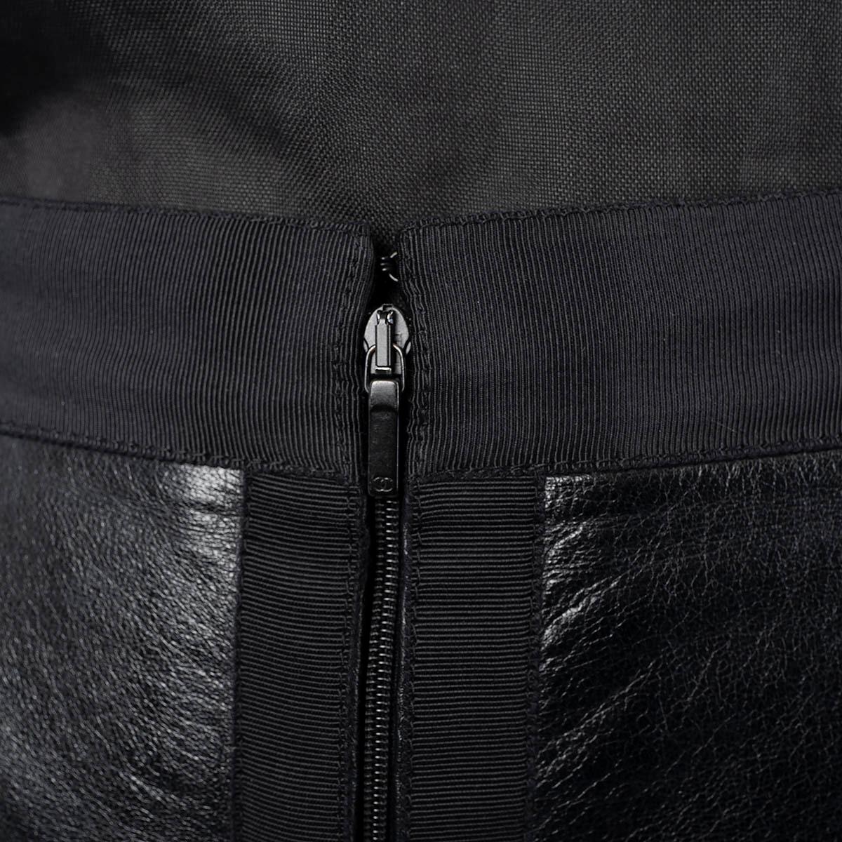 CHANEL black leather 2016 16S ZIP-FRONT MIDI Skirt 38 S 2