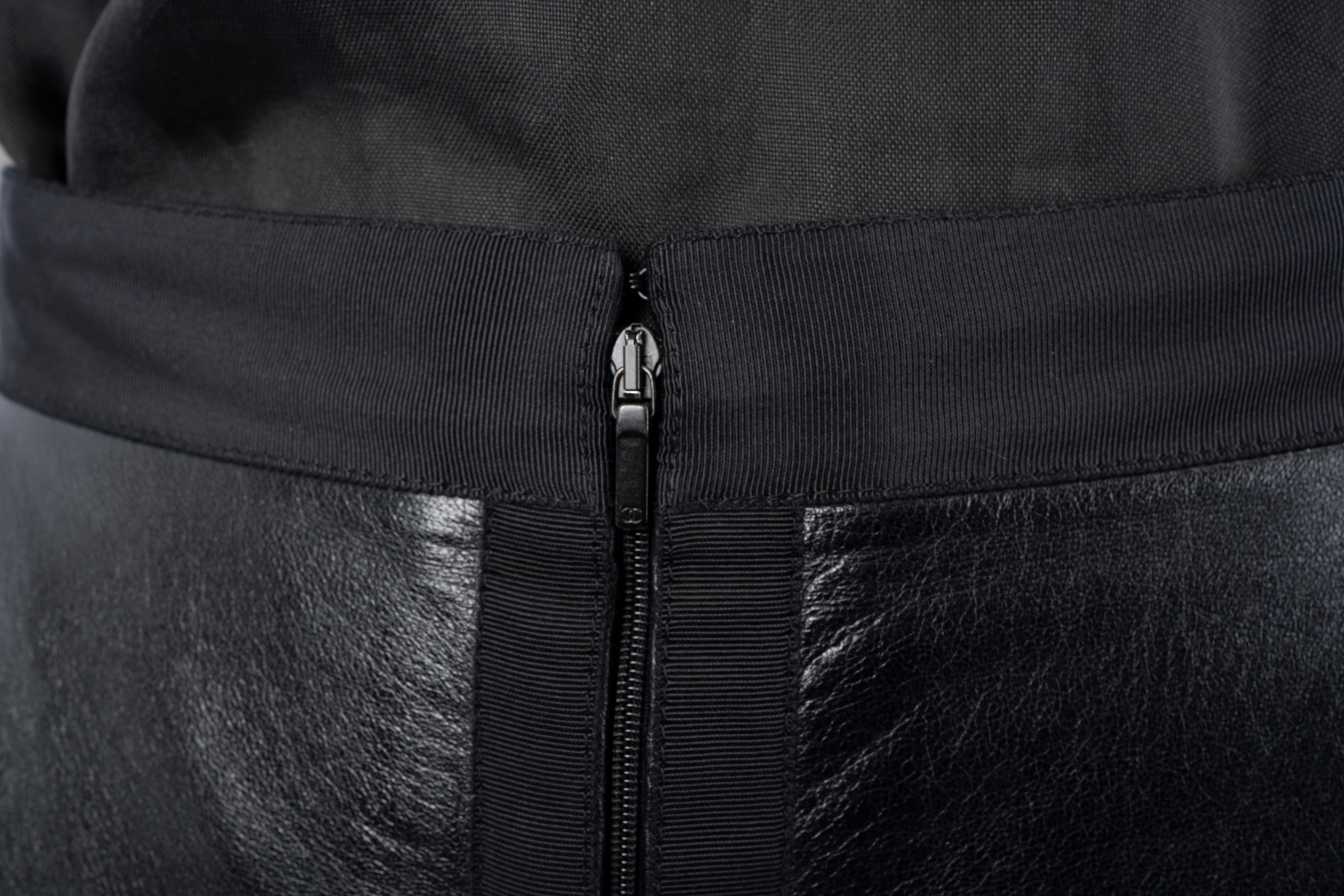 CHANEL black leather 2016 16S ZIP-FRONT MIDI Skirt 38 S 3