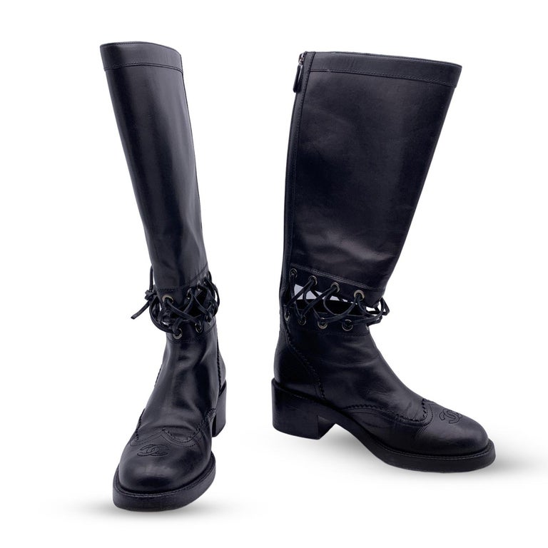 Chanel Black Leather 2016 Lace-Up Cutout CC Knee High Boots Size 38 For  Sale at 1stDibs
